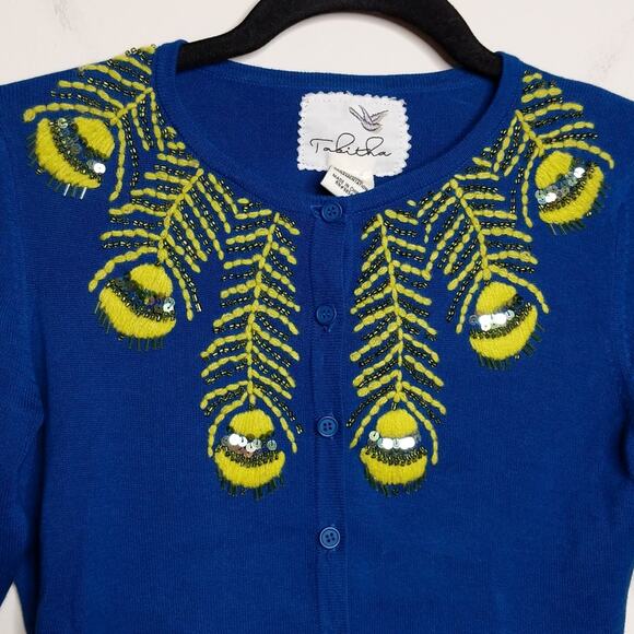 Anthro Tabitha Limabird Cardigan Blue Yellow Neon Embroidery XS - Picture 2 of 6
